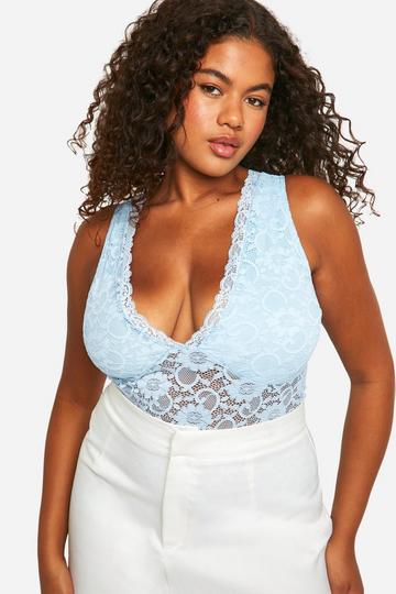 Plus Kanten Bodysuit Met Laag Decolleté baby blue