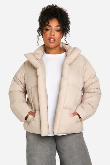 Stone Beige Plus Funnel Neck Puffer Jacket