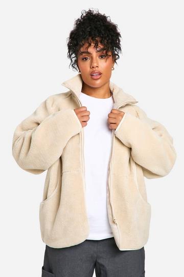 Plus Oversized Teddy Zip Up Jacket stone