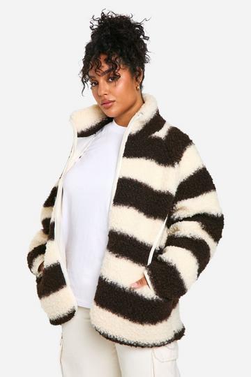 Plus Stripe Oversized Curly Teddy Zip Up Jacket chocolate