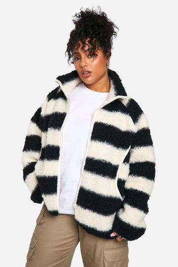 Black Plus Stripe Oversized Curly Teddy Zip Up Jacket