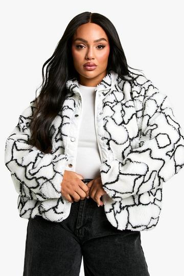 Plus Abstract Print Boxy Oversized Teddy Jacket white