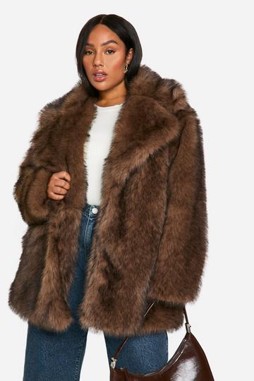 Plus Longline Vintage Look Faux Fur Coat chocolate