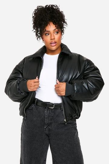 Plus Padded Faux Leather Bomber Jacket black