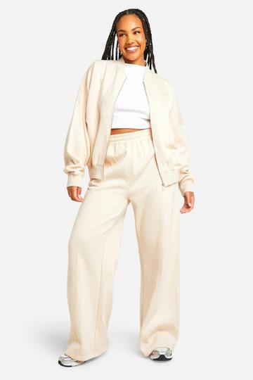 Stone Beige Plus Zip Through Bomber Straight Leg Tracksuit