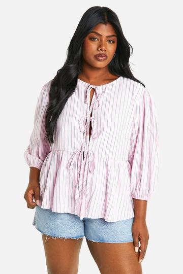 Plus Tie Front Stripe Smock Top pink