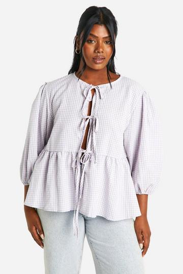 Plus Tie Front Gingham Smock Top lilac