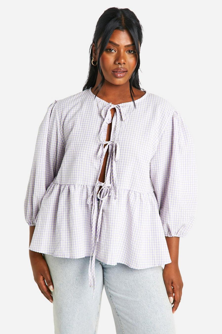 Lilac Plus Tie Front Gingham Smock Top  image number 1