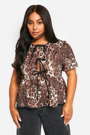 Plus Gesmokte Luipaardprint Top Met Strik brown