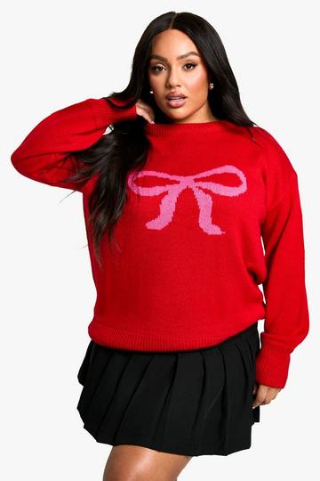 Plus Oversized Christmas Bow Jumper red