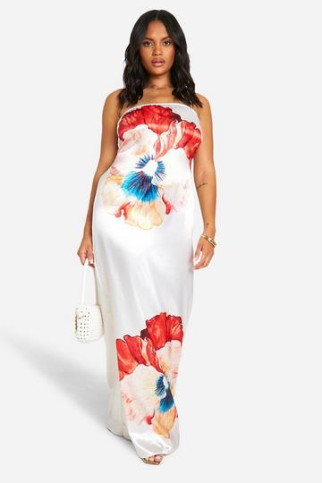 Plus Satin Large Floral Bandeau Maxi Dress ivory