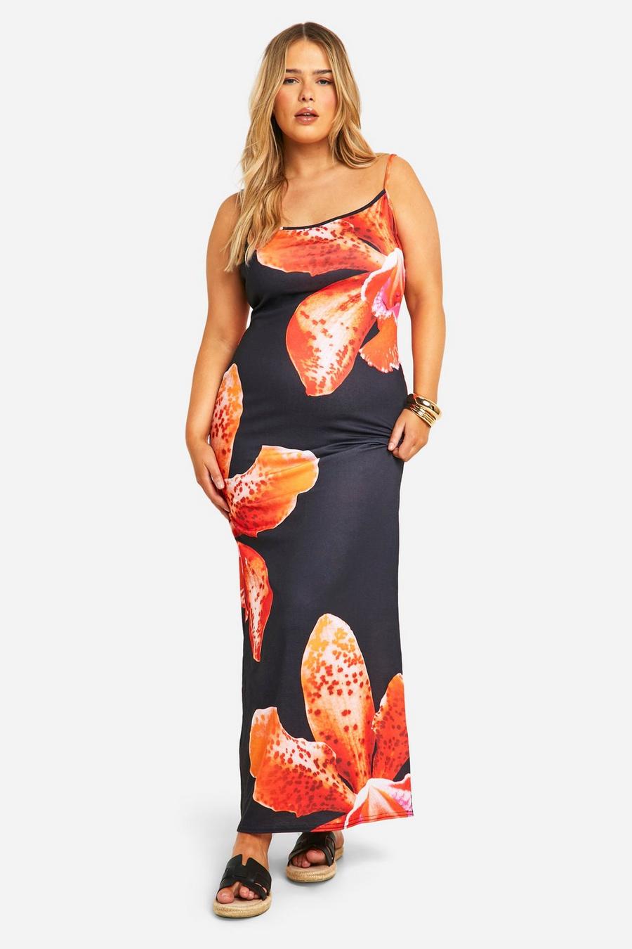 Black Plus Floral Printed Strappy Maxi Dress image number 1