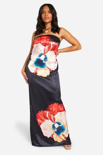 Plus Satin Large Floral Bandeau Maxi Dress black