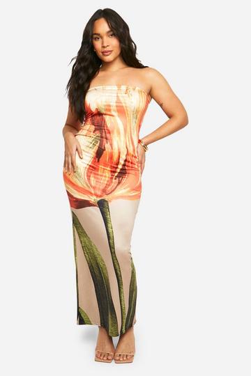 Plus Bandeau Floral Printed Slinky Maxi Dress orange