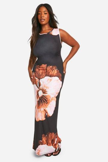 Black Plus Textured Sheer Floral Open Back Maxi Dress