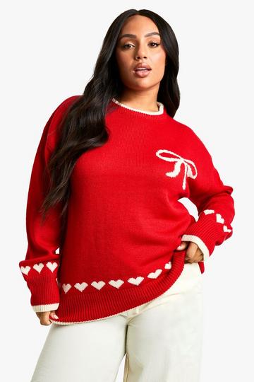 Plus Oversized Heart & Bow Jumper red