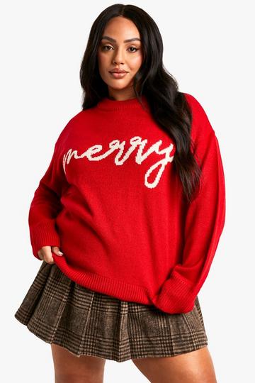 Plus Merry Slogan Christmas Oversized Jumper red