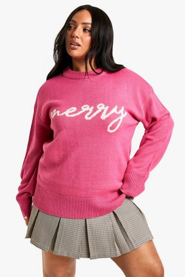 Plus Merry Slogan Christmas Oversized Jumper pink