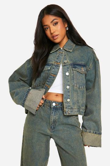 Petite Vintage Wash Turn Up Cuff Denim Jacket vintage wash