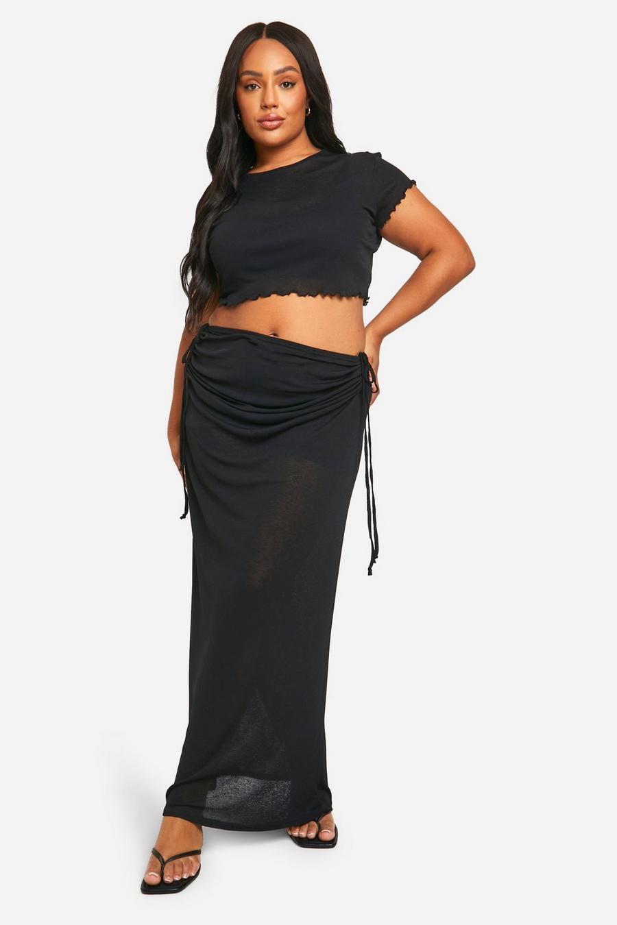 Black Plus Onion Skin Top & Ruched Maxi Skirt Co Ord  image number 1