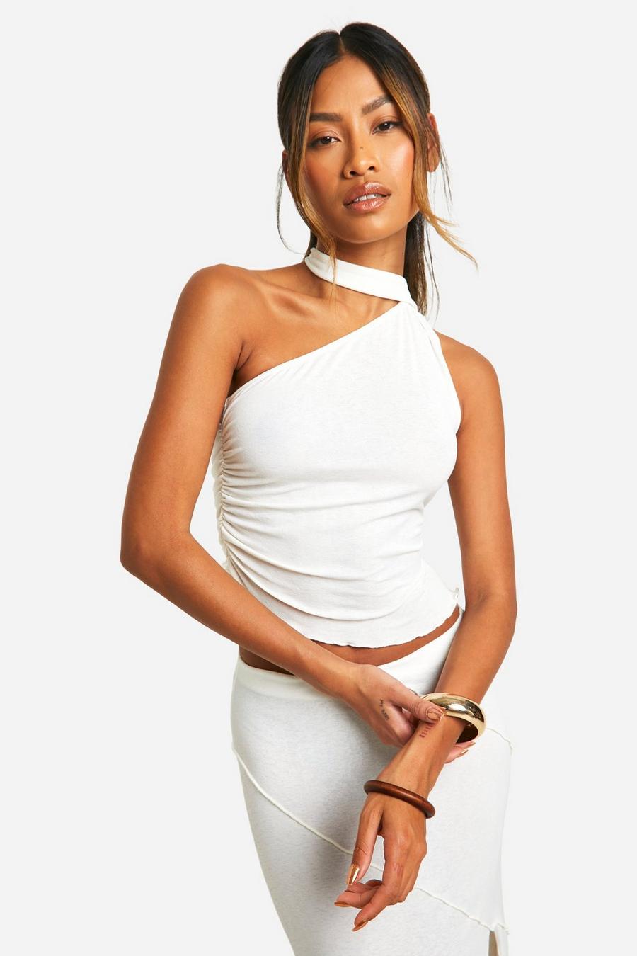 White Asymetric One Shoulder Top With Scarf image number 1