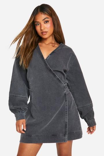 Petite Volume Sleeve Denim Wrap Dress grey