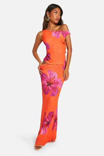 Floral Lettuce Hem Coloumn Maxi Skirt orange