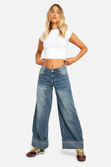 Turn Up Cuff Wide Leg Jeans mid blue