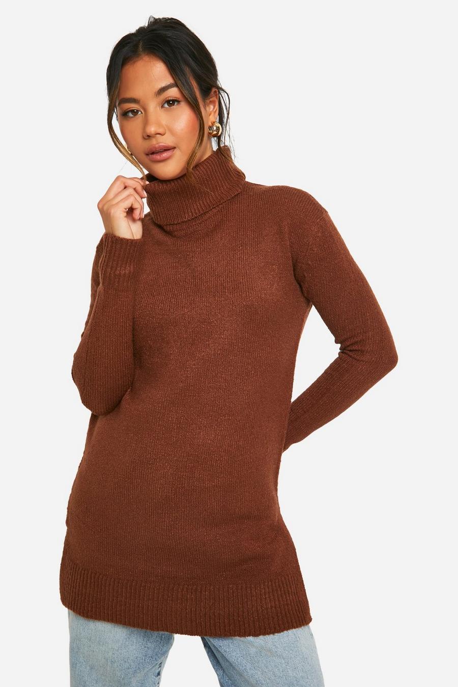Chocolate Roll Neck Knitted Tunic  image number 1