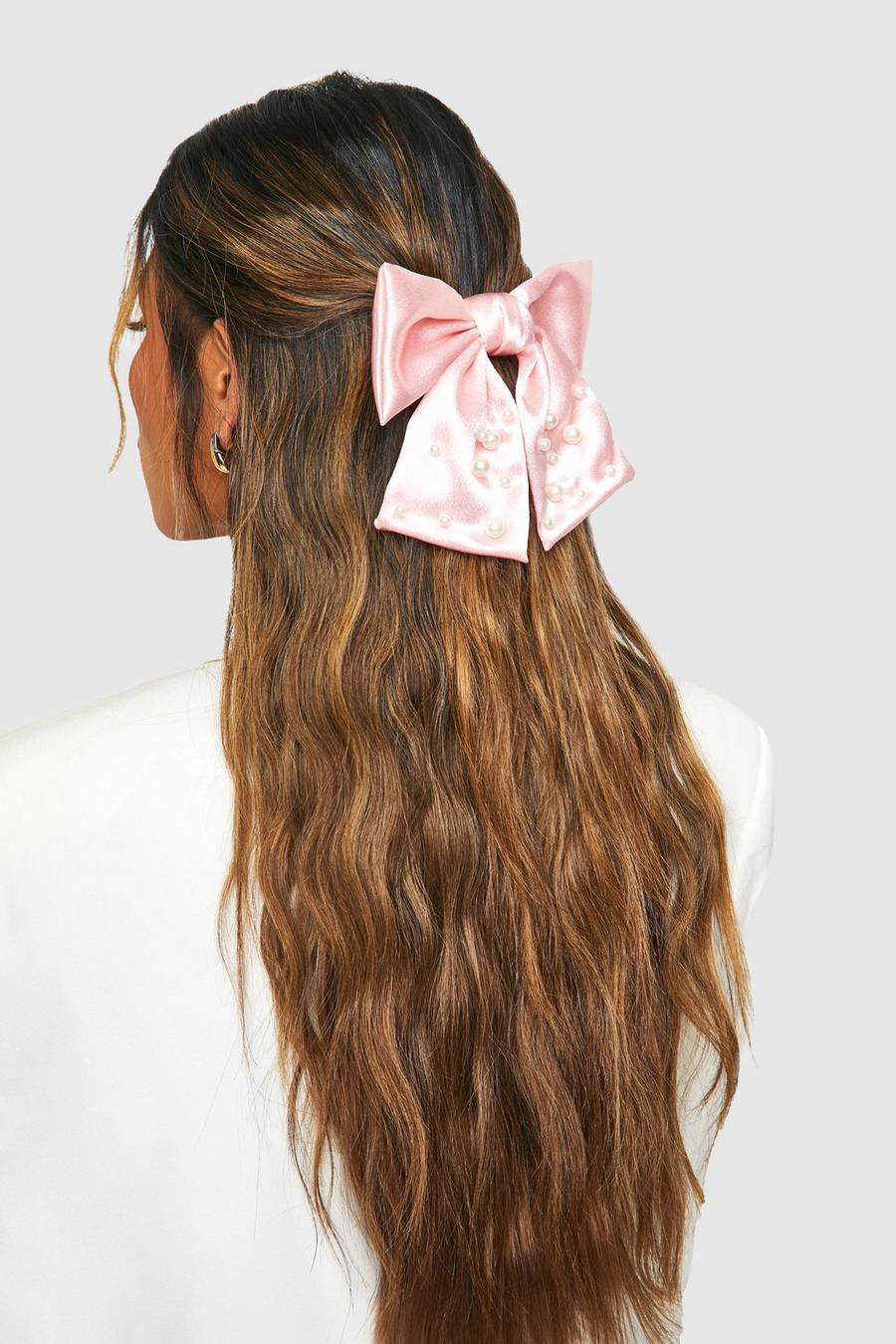 Pink Pearl Embellished Large Bow Hair Clip  image number 1