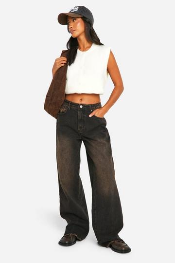 Dark Brown Petite Brown Wash Raw Hem Wide Leg Jeans