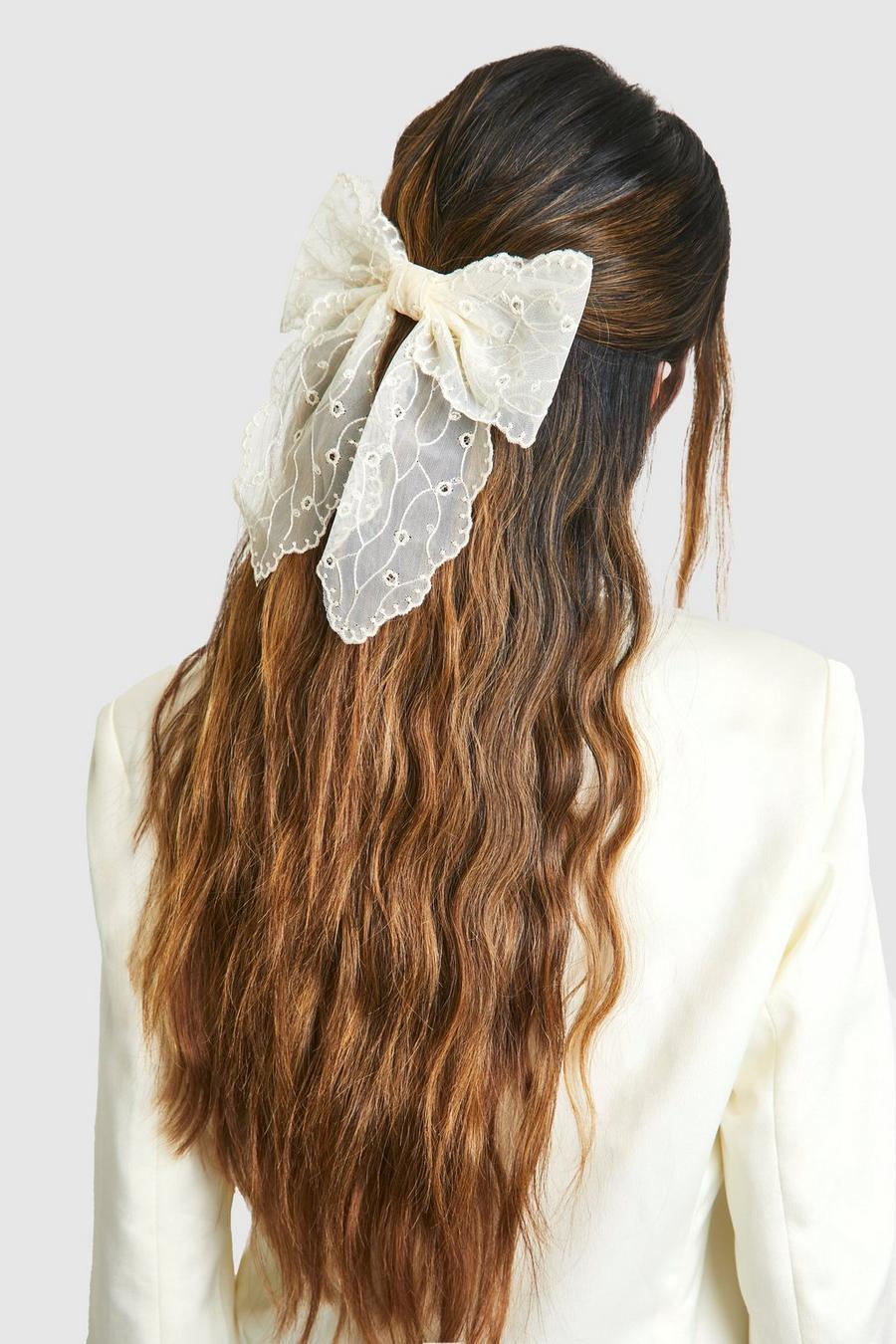White Oversized Lace Hair Bow Clip  image number 1