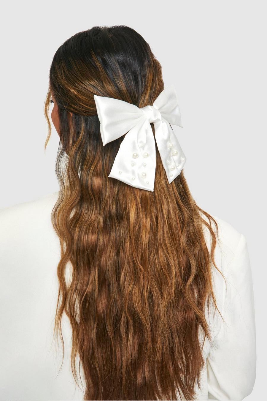 White Pearl Embellished Large Bow Hair Clip  image number 1