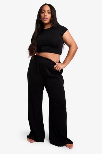 Plus Wide Leg Rib Lounge Trouser black