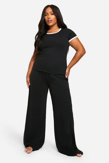 Black Plus Wide Leg Rib Lounge Trouser