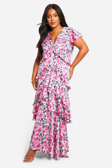 Plus Bloemen Maxi Jurk Met Ruches En Franjes pink