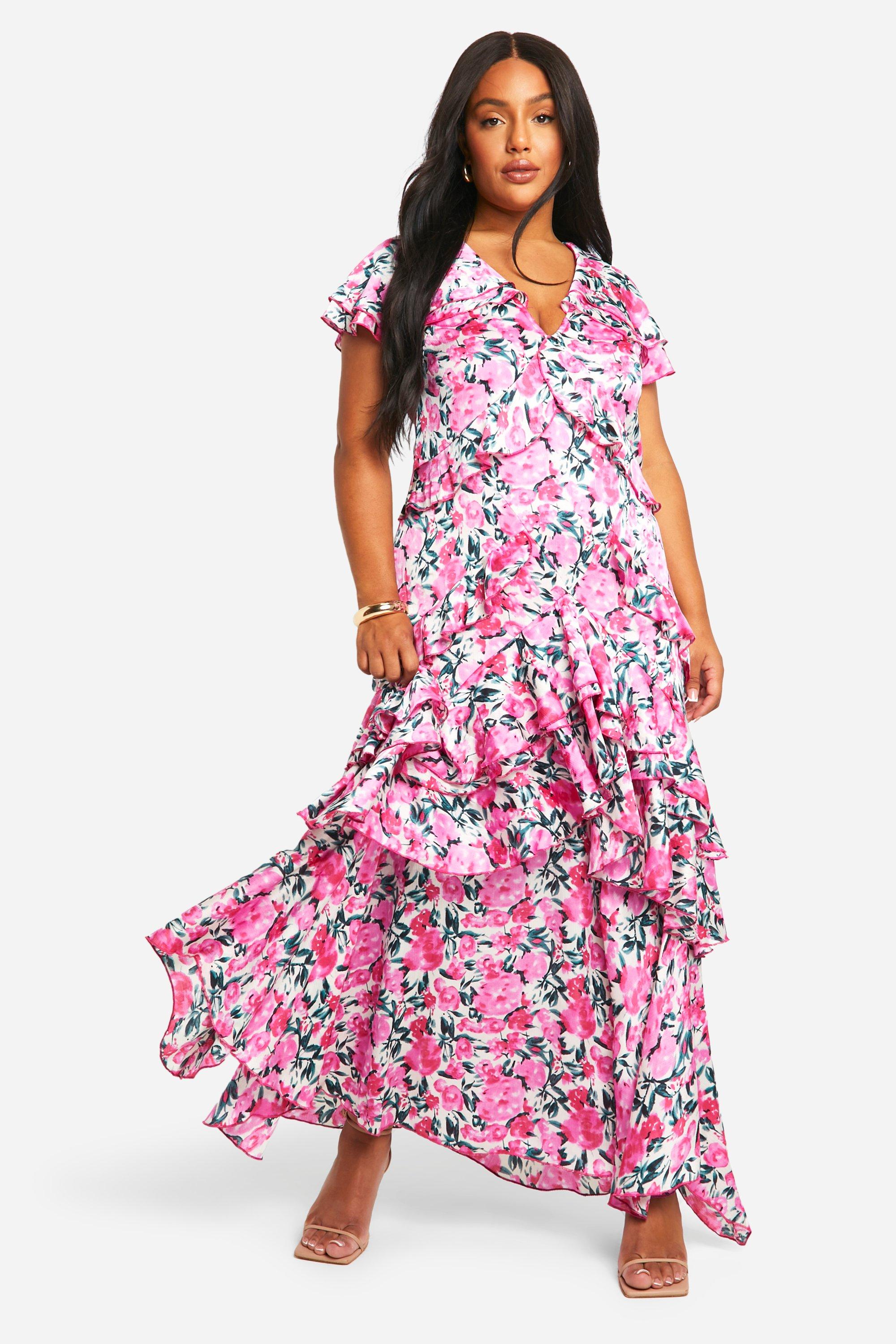 Grande taille Robe longue a volants et fleurs