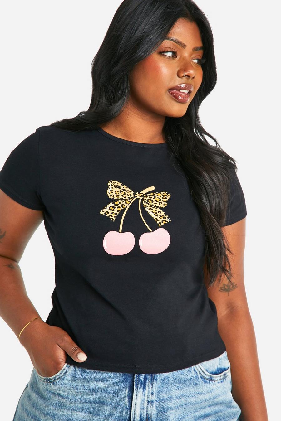 Black Plus Leopard Bow Cherry Baby Tee  image number 1