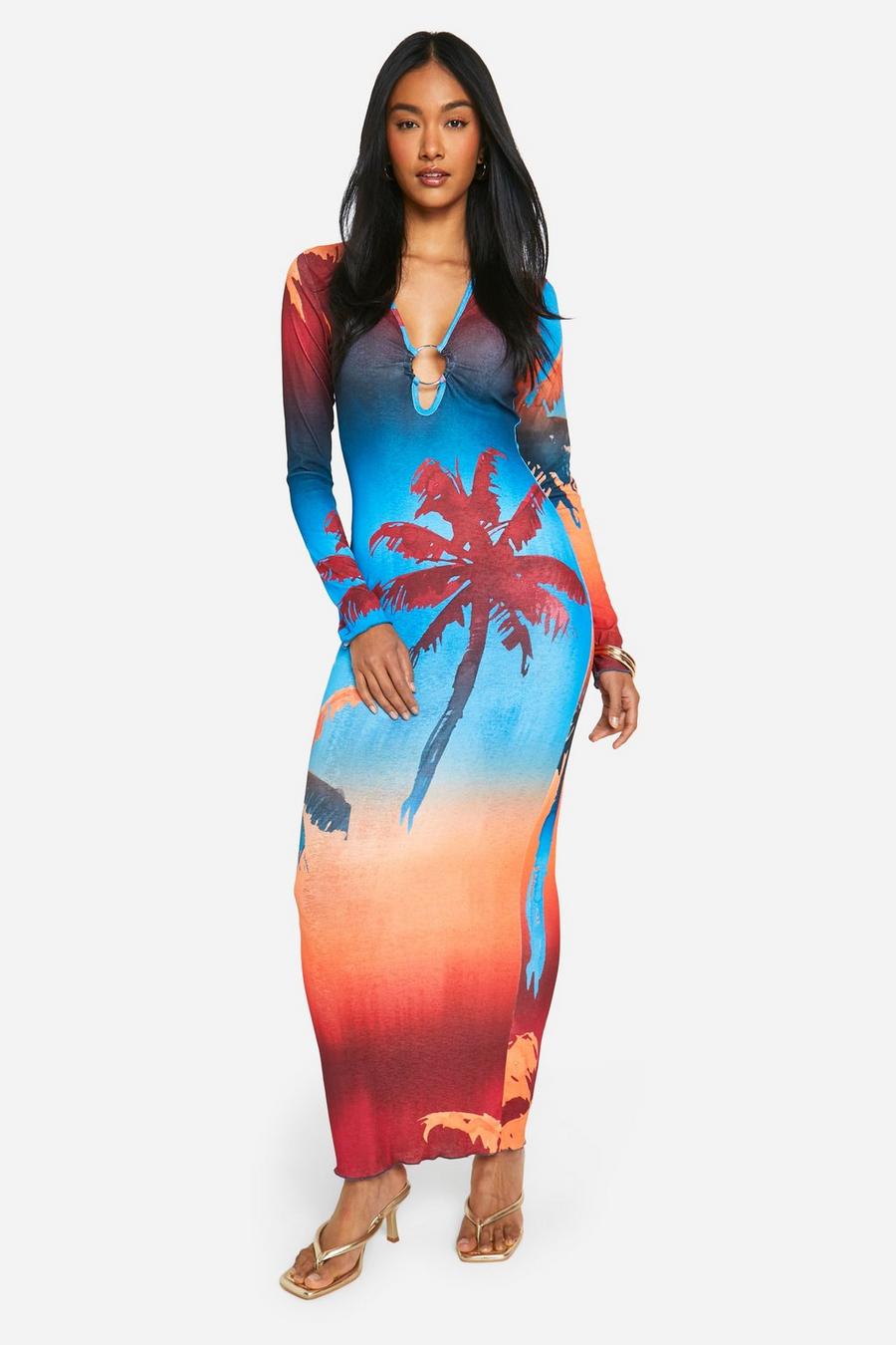 Orange Palm Print Sheer O Ring Maxi Dress image number 1