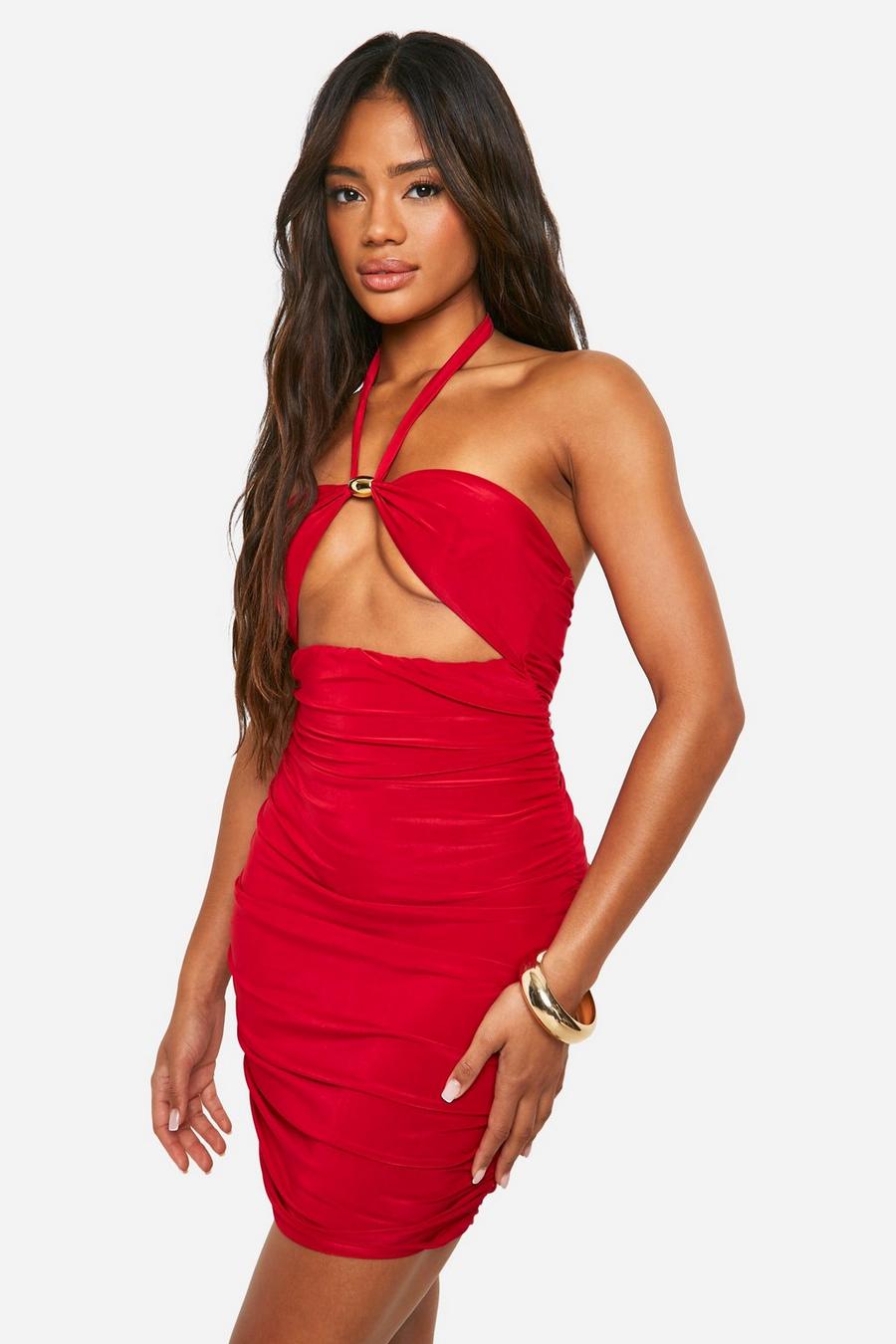 Red Halterneck Cut Out Beaded Mini Dress