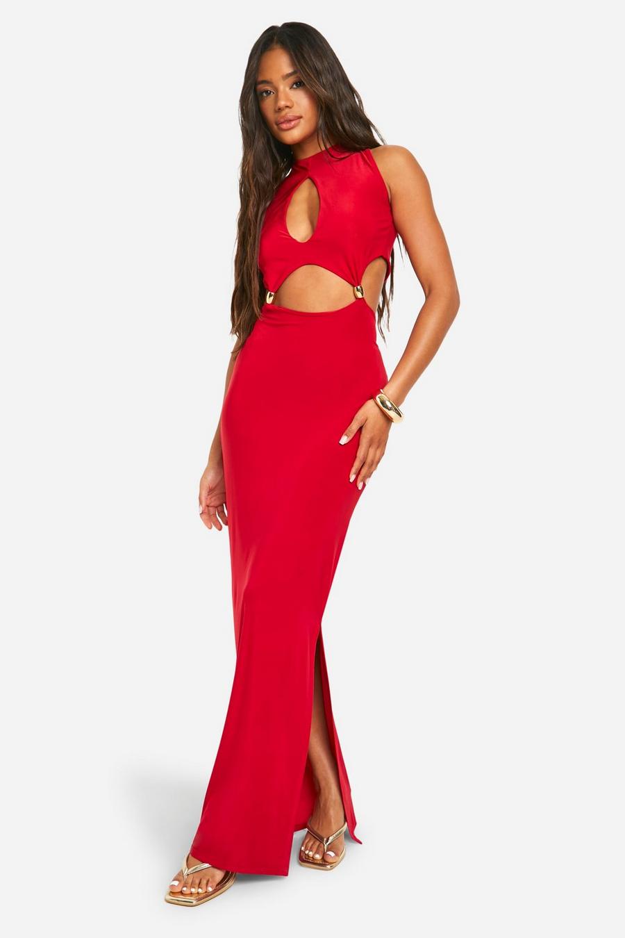 Red Halter Cut Out Beaded Maxi Dress