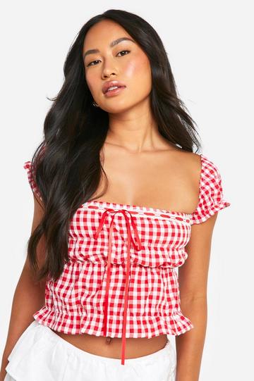 Shirred Waist Puff Sleeve Ribbon Detail Gingham Crop Top red