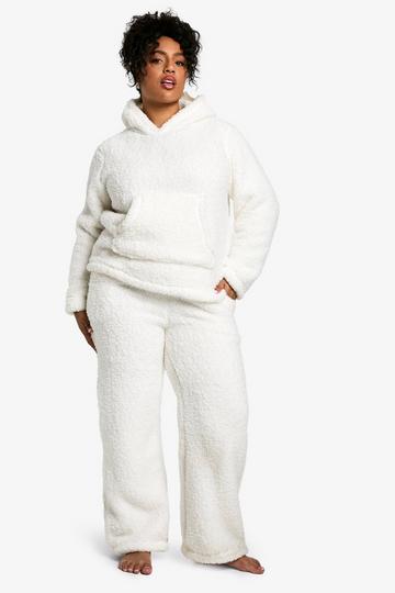 Plus Fluffy Fleece Hoody And Wide Leg Jogger Set cream