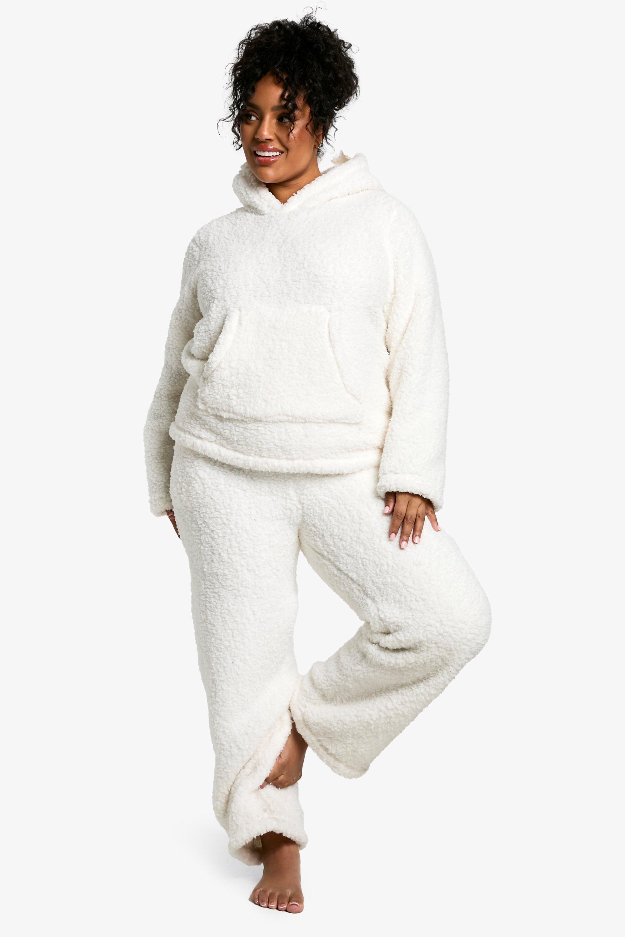 Plus Fluffy Fleece Hoody And Wide Leg Jogger Set