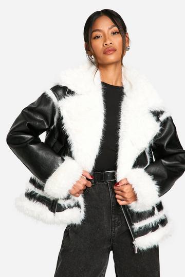 Black Faux Fur Trim Oversized Aviator Jacket