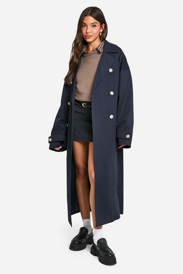 Oversized Double Breast Belted Cinched Back Trench Coat navy