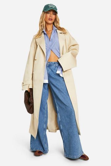 Stone Beige Oversized Double Breast Belted Synched Back Trench Coat