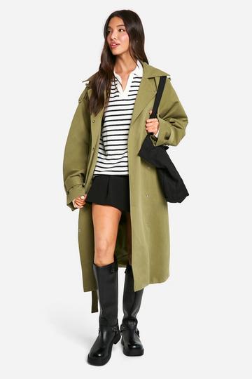 Khaki Collar Detail Belted Trench Coat