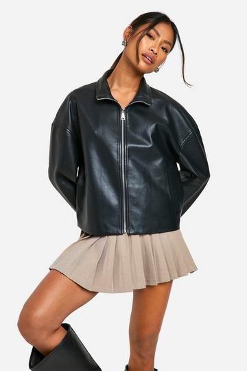 Funnel Neck Faux Leather Bomber Jacket black