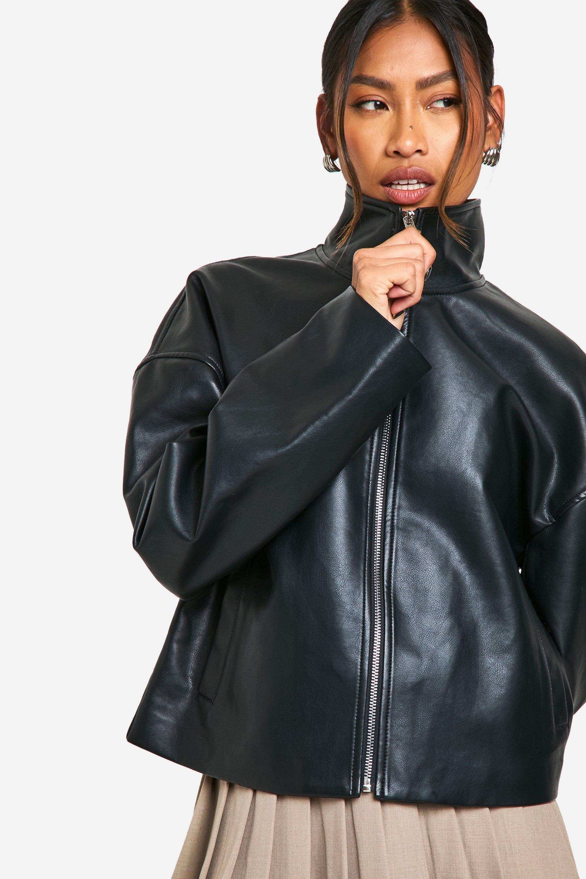 Funnel Neck Faux Leather Bomber Jacket boohoo